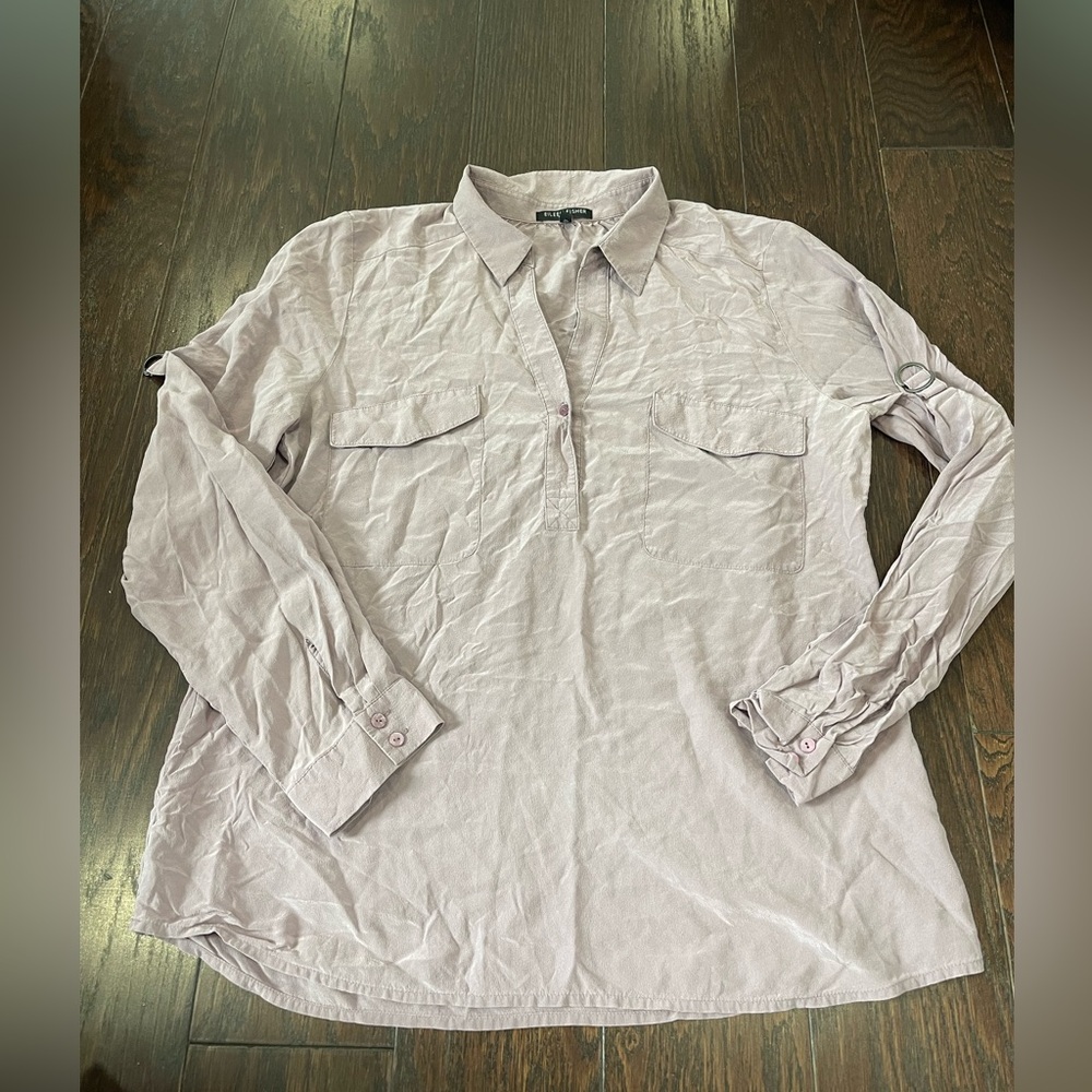 EILEEN FISHER Lillac COLLARED SILK CREPE DE CHINE HENLEY BLOUSE Size medium P